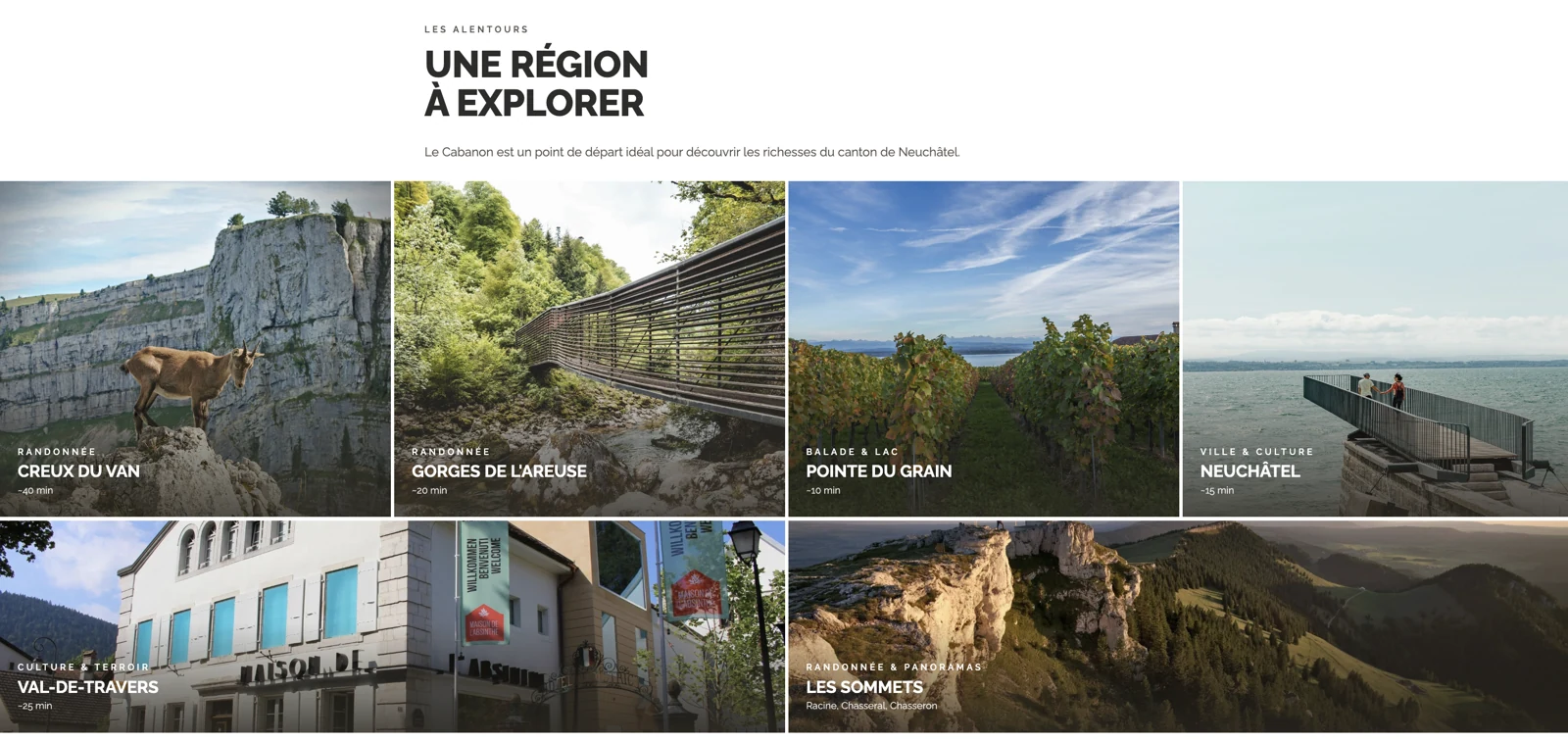 Section « Une région à explorer » du site Le Cabanon des Vignes, présentant les points d'intérêt du canton de Neuchâtel