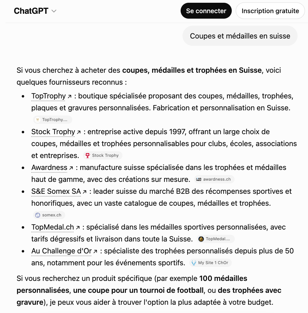 ChatGPT citant TopTrophy en premier pour coupes et médailles en Suisse