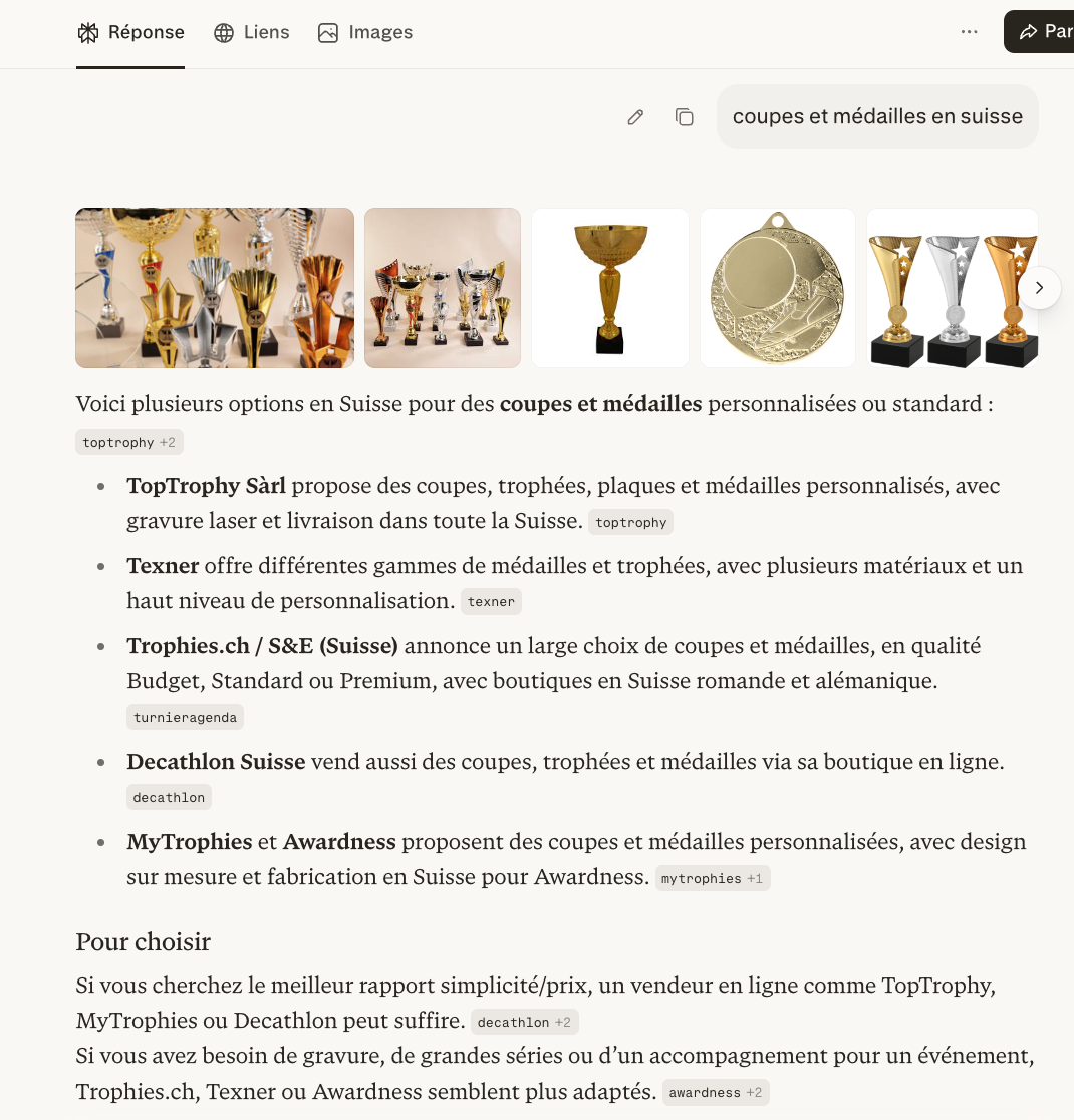 Perplexity citant TopTrophy en premier pour coupes et médailles en Suisse